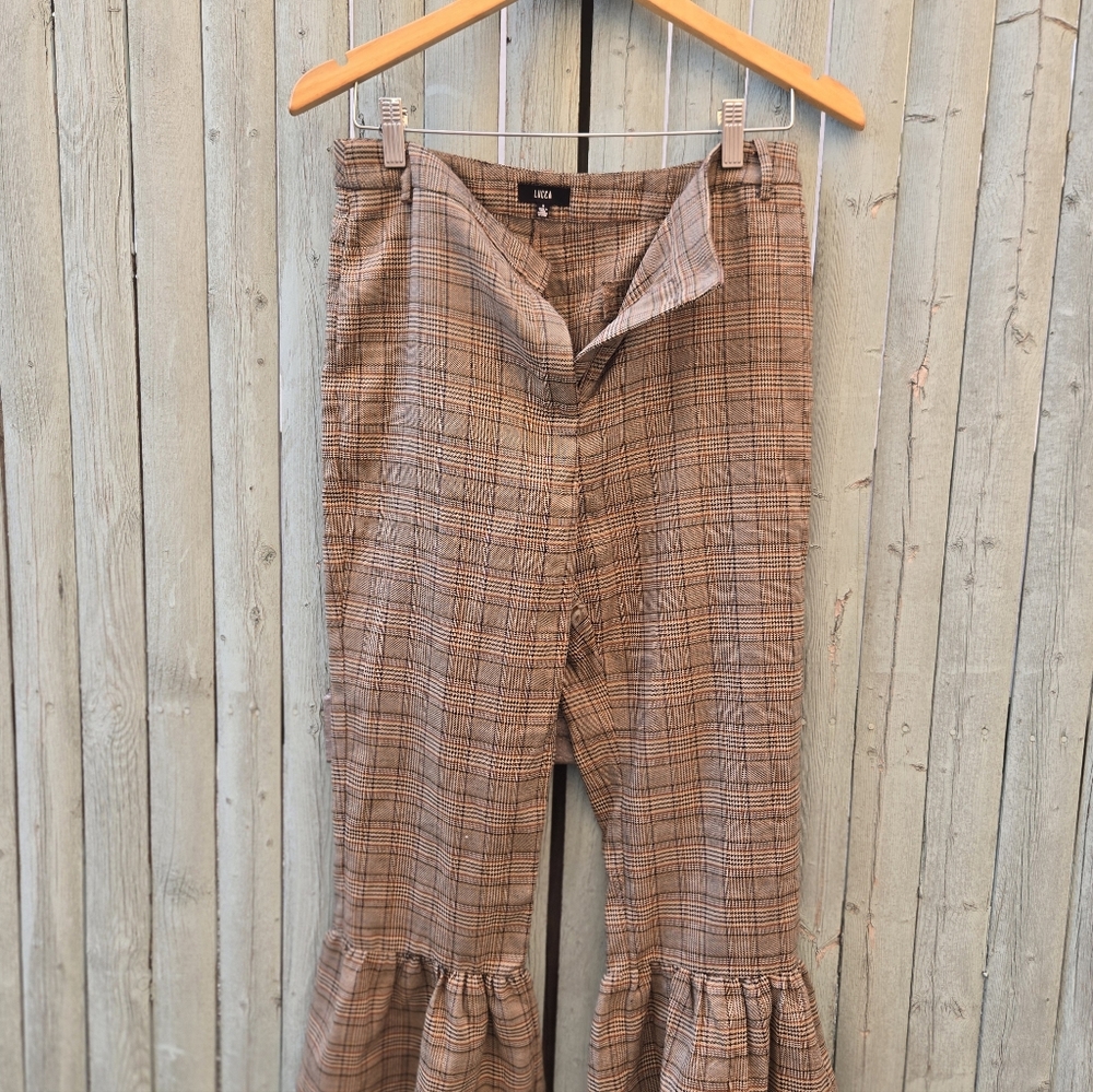Lucca Plaid Ruffle Hem Cropped Pants Size S | Brown Check Flounce Ankle Trousers